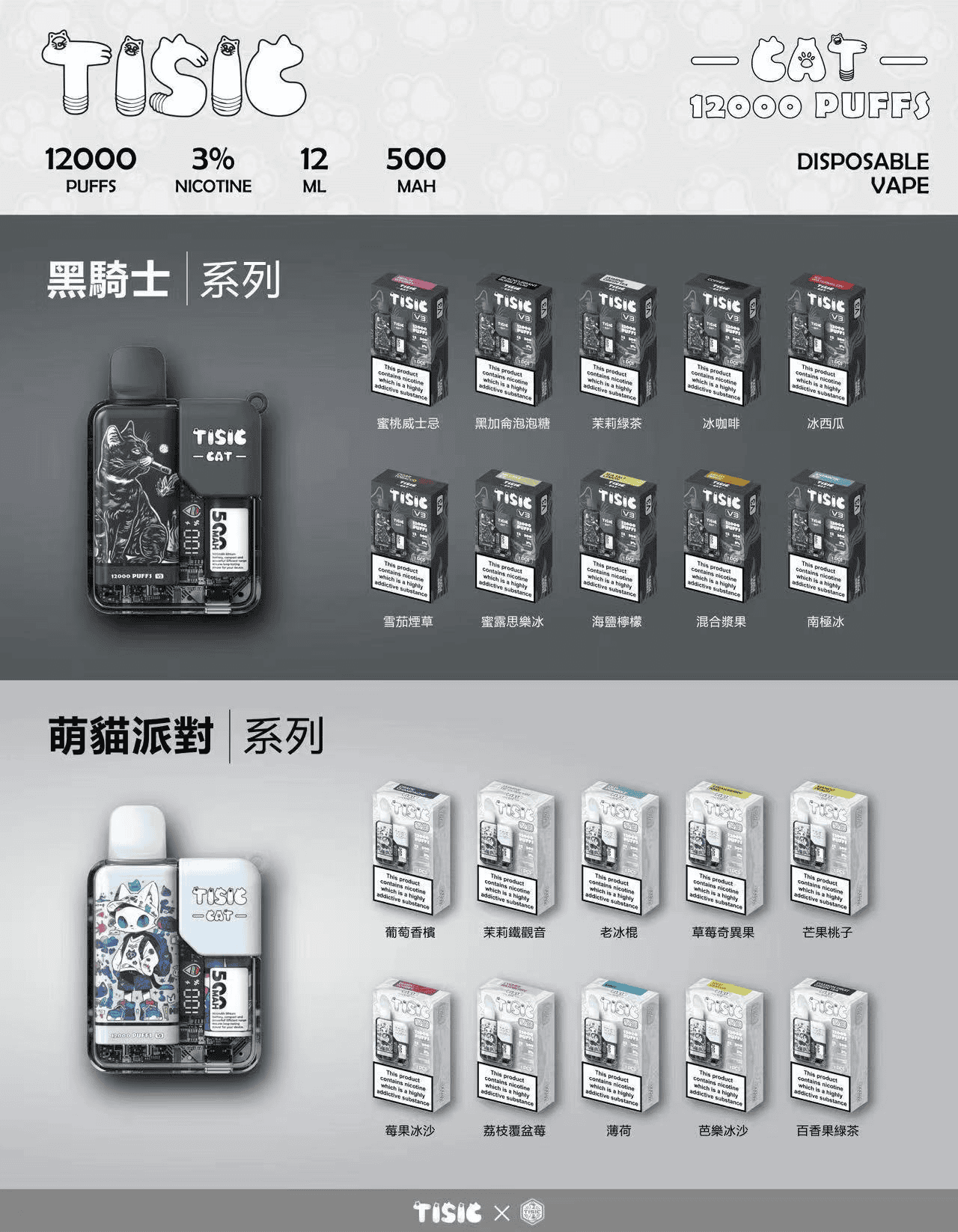 【買10送1】TISIC 黑騎士/萌貓派對 12000口拋棄式主機 搭載500mAh高效快充 12ml超長效不漏油設計 711到付現貨:圖片 2